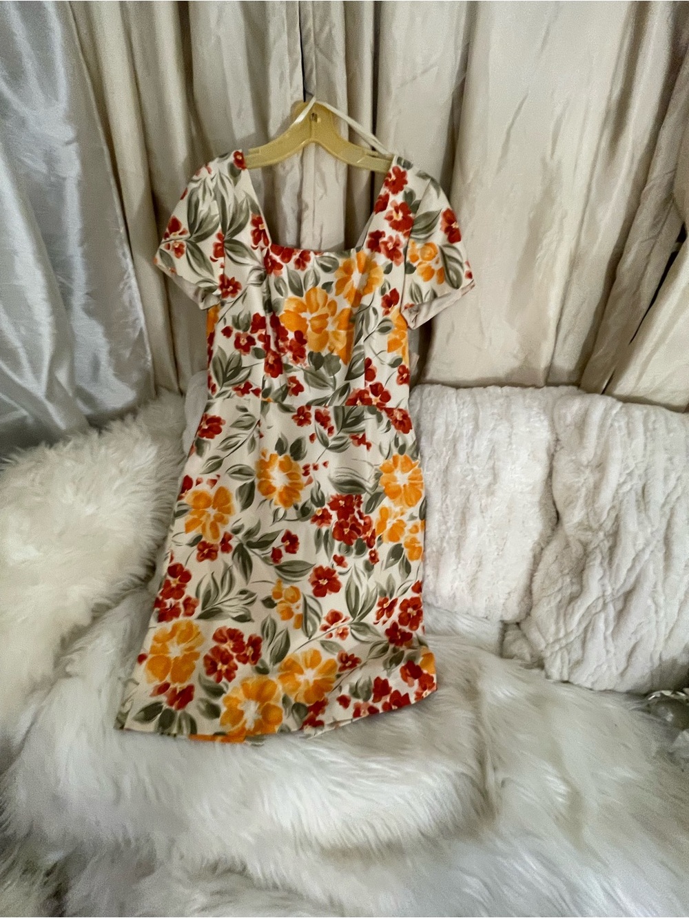 Liz Claiborne Vintage Cream Fit-and-Flare Dress with Orange & Red Floral Print - Picture 9 of 10